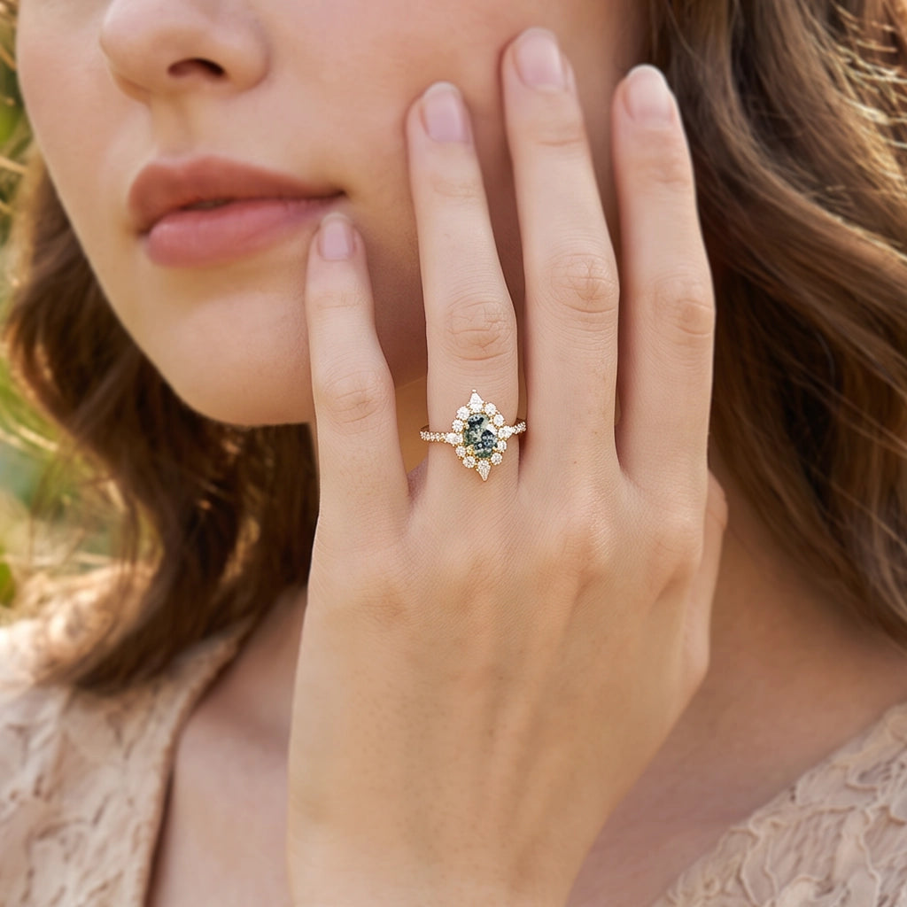 Isadora’s Meadow | Vintage Oval Moss Agate Halo Engagement Ring