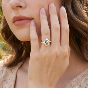 Isadora’s Meadow | Vintage Oval Moss Agate Halo Engagement Ring