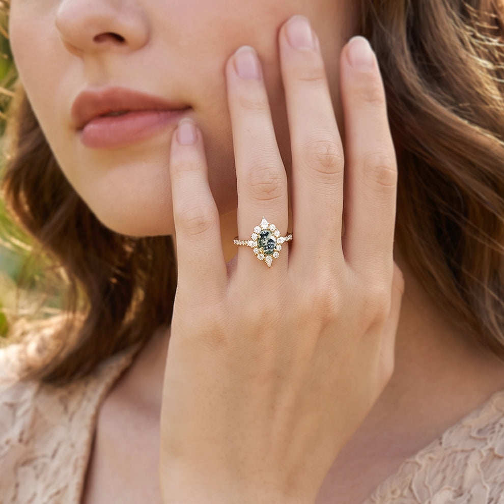 Isadora’s Meadow | Vintage Oval Moss Agate Halo Engagement Ring