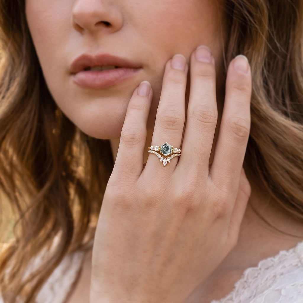 Genevieve’s Imprint | Hexagon Cut Moss Agate Cluster Bridal Duo