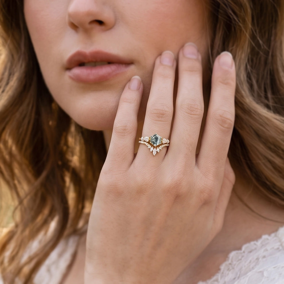 Genevieve’s Imprint | Hexagon Cut Moss Agate Cluster Bridal Duo