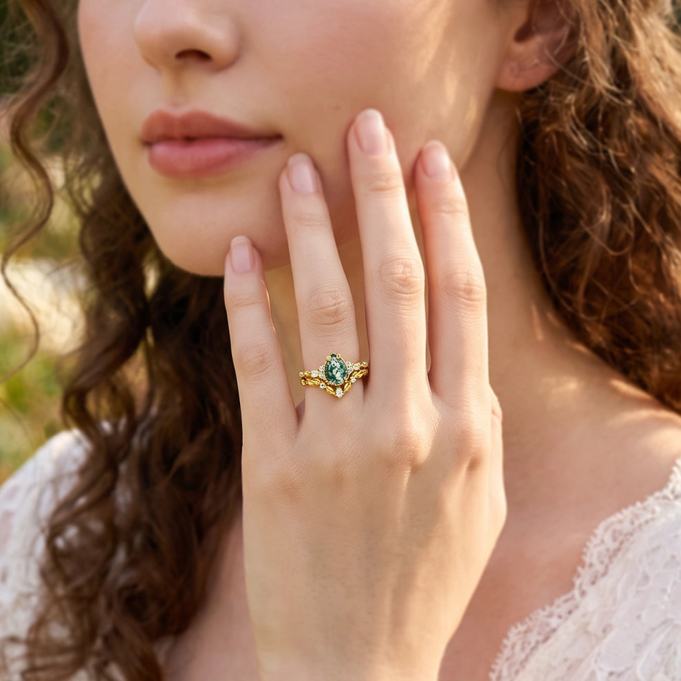 Isadora’s Verdant | Black Gold Pear Moss Agate Leafy Bridal Duo