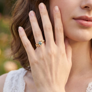 Celestia’s Haven | Hexagon Cut Moss Agate Foliage Engagement Ring