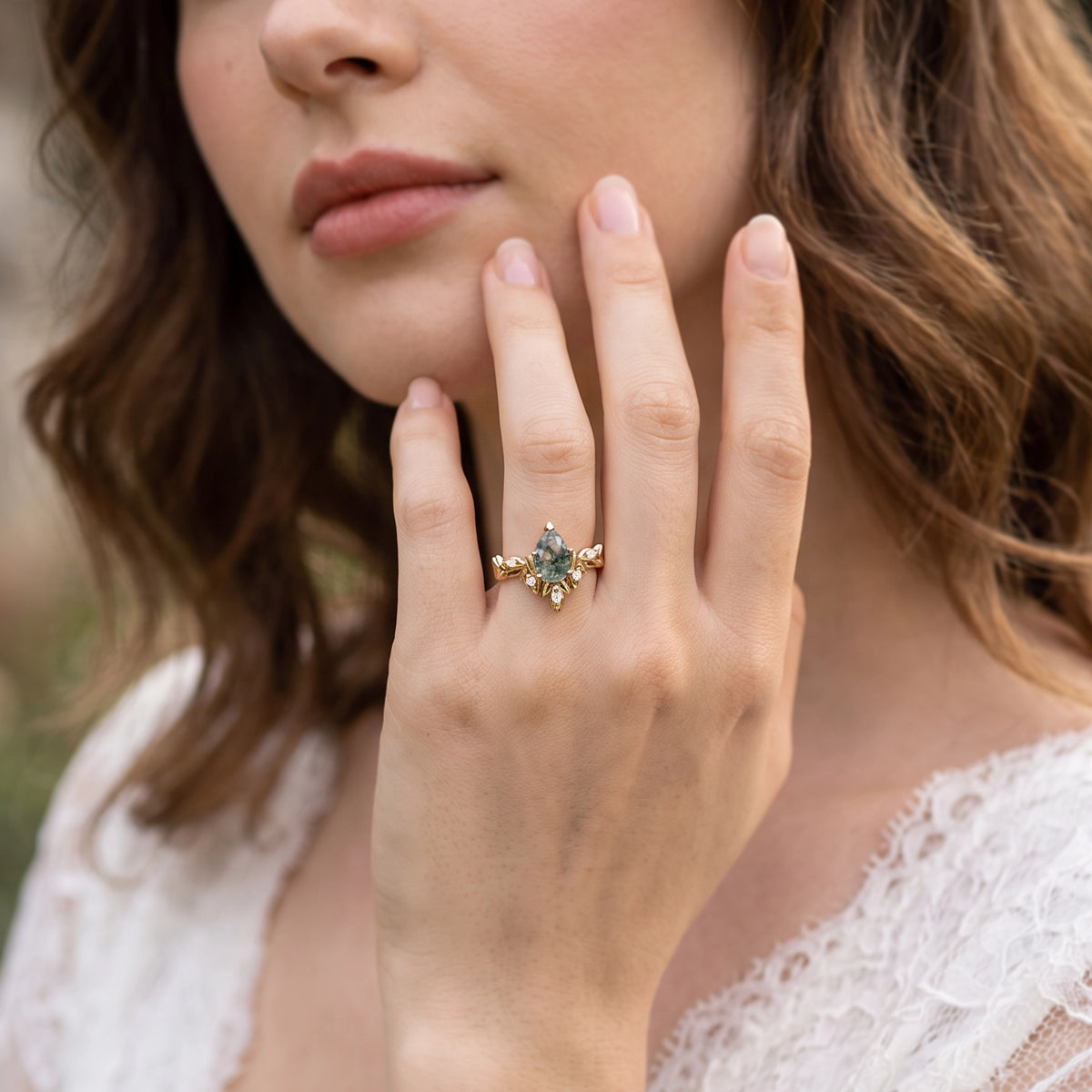 Calista’s Frond | Pear Cut Moss Agate Leafy Engagement Ring