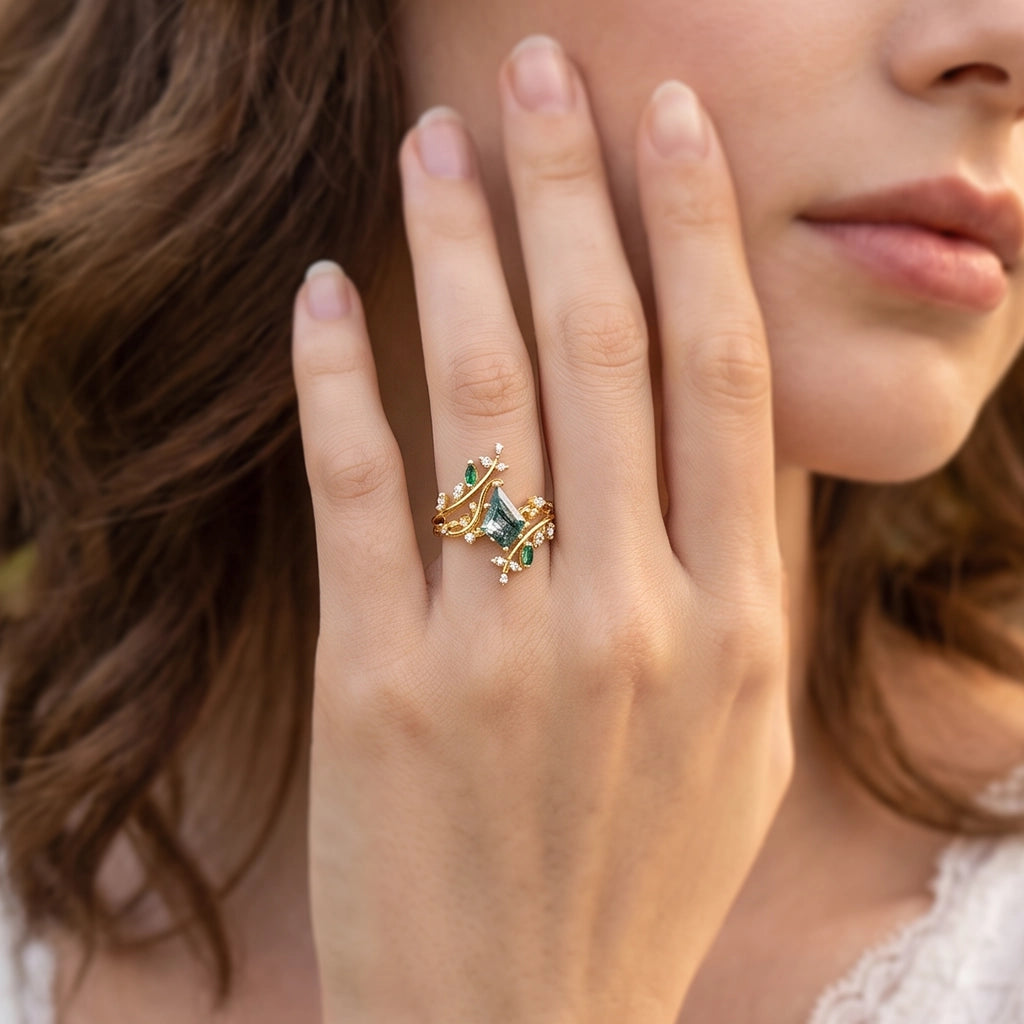 Sylvie’s Enclave | Kite Cut Moss Agate & Emerald Cage Leafy Bridal Set 2pcs