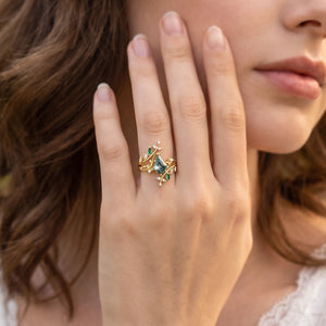 Sylvie’s Enclave | Kite Cut Moss Agate & Emerald Cage Leafy Bridal Set 2pcs