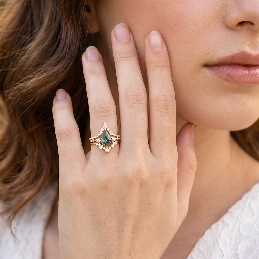 Tyler Twin Flames Kite Cut Moss Agate Engagement Ring Set 3pcs