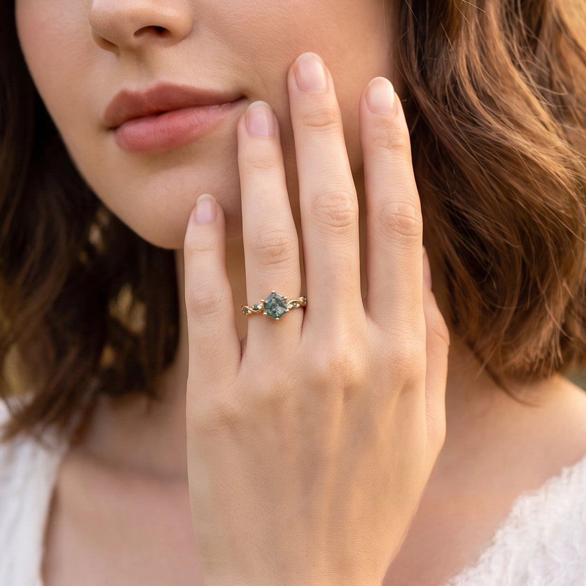 Flora’s Sprig | Hexagon Cut Moss Agate Botanical Engagement Ring