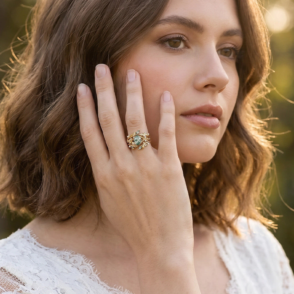 Sylvie’s Bower | Oval Cut Moss Agate Leafy Bridal Set 2pcs.