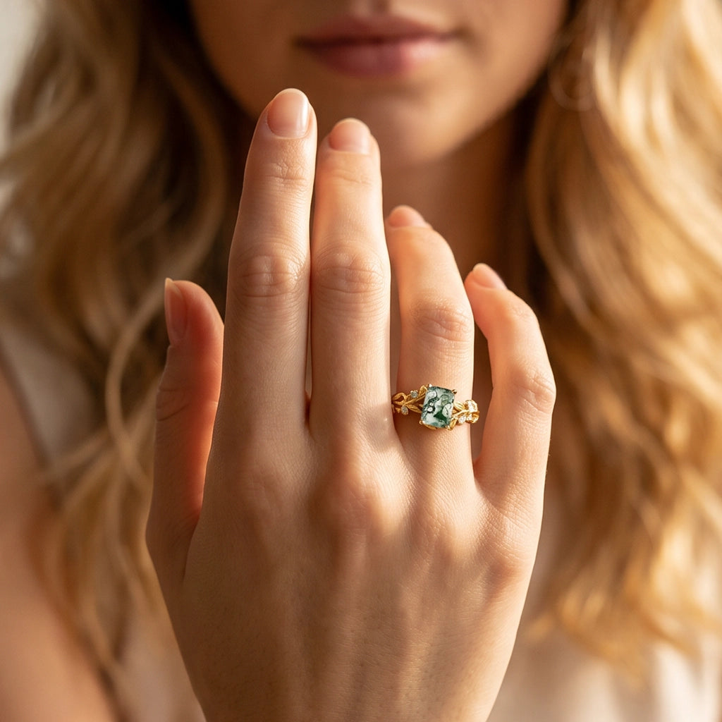 Celandine’s Lattice | Emerald Cut Moss Agate Leafy Engagement Ring.