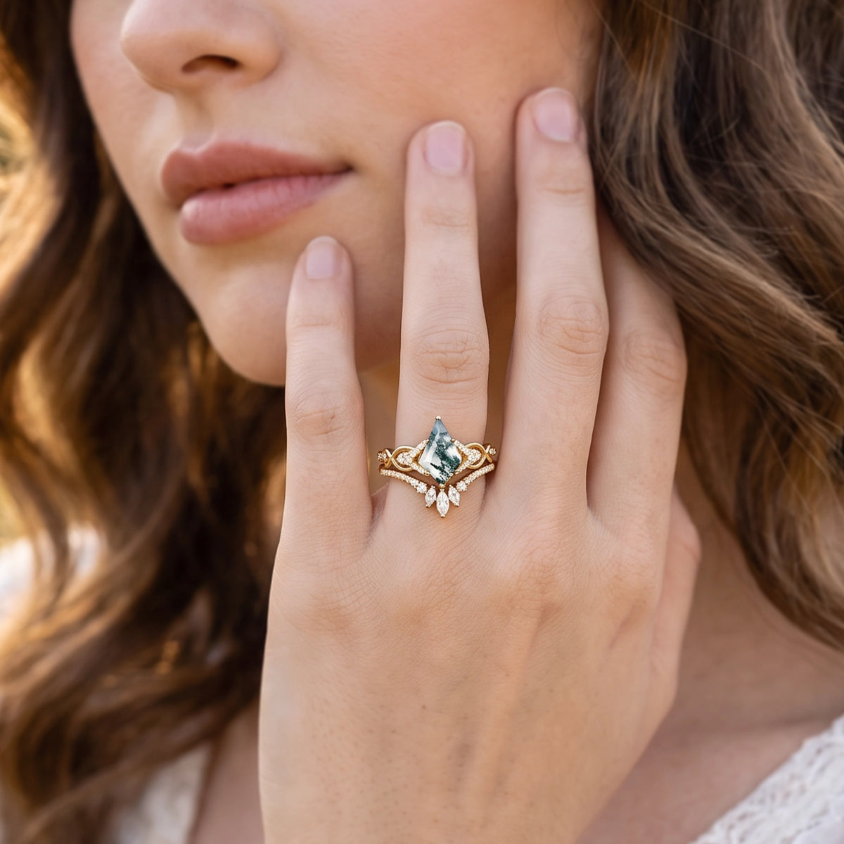 Vivienne’s Greensward | Kite Cut Moss Agate Chevron Bridal Duo