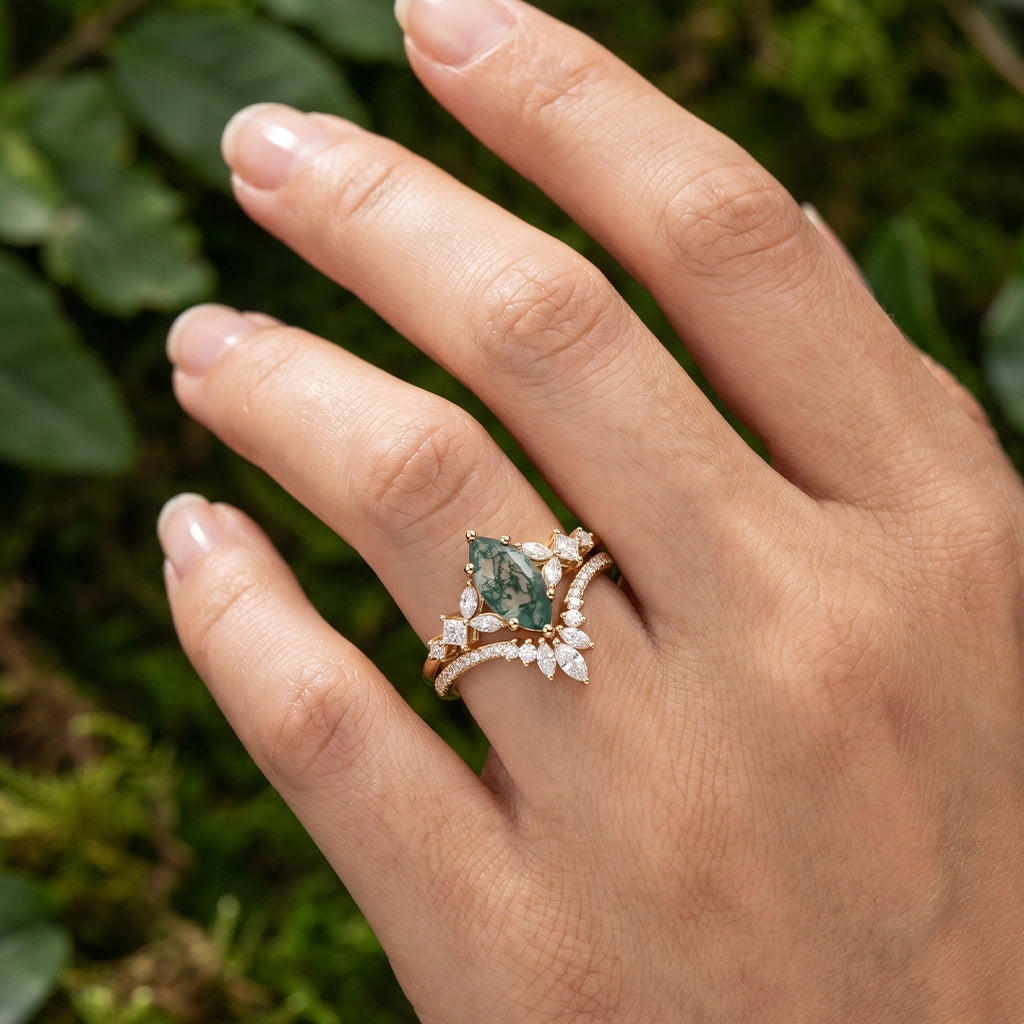 Lumen Glade | Marquise Moss Agate Cluster Engagement Set 2pcs.