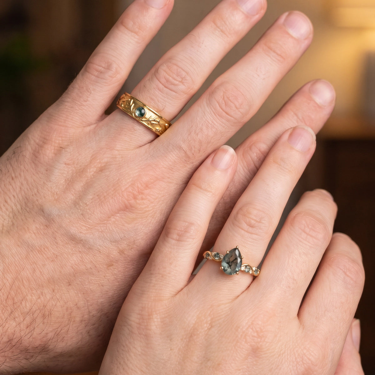 Sylvie’s Antler | Pear Moss Agate & Carved Band Couple Set