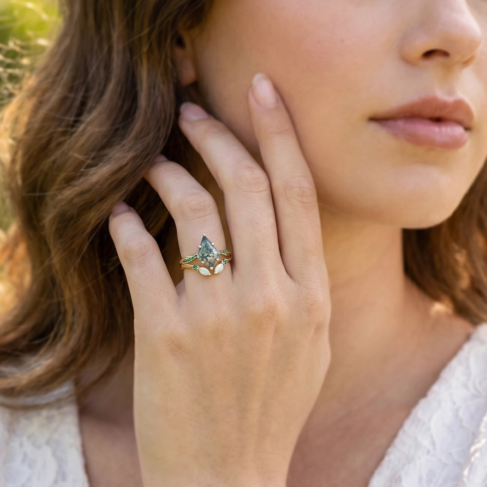 Isadora’s Mosaic | Kite Cut Moss Agate, Emerald & Opal Bridal Set 2pcs