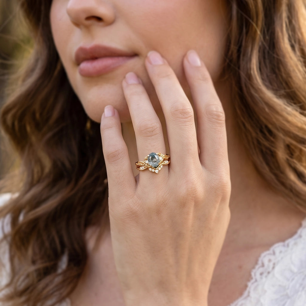 Oval Shaped Moss Agate Leafy Engagement Ring Set 2pcs