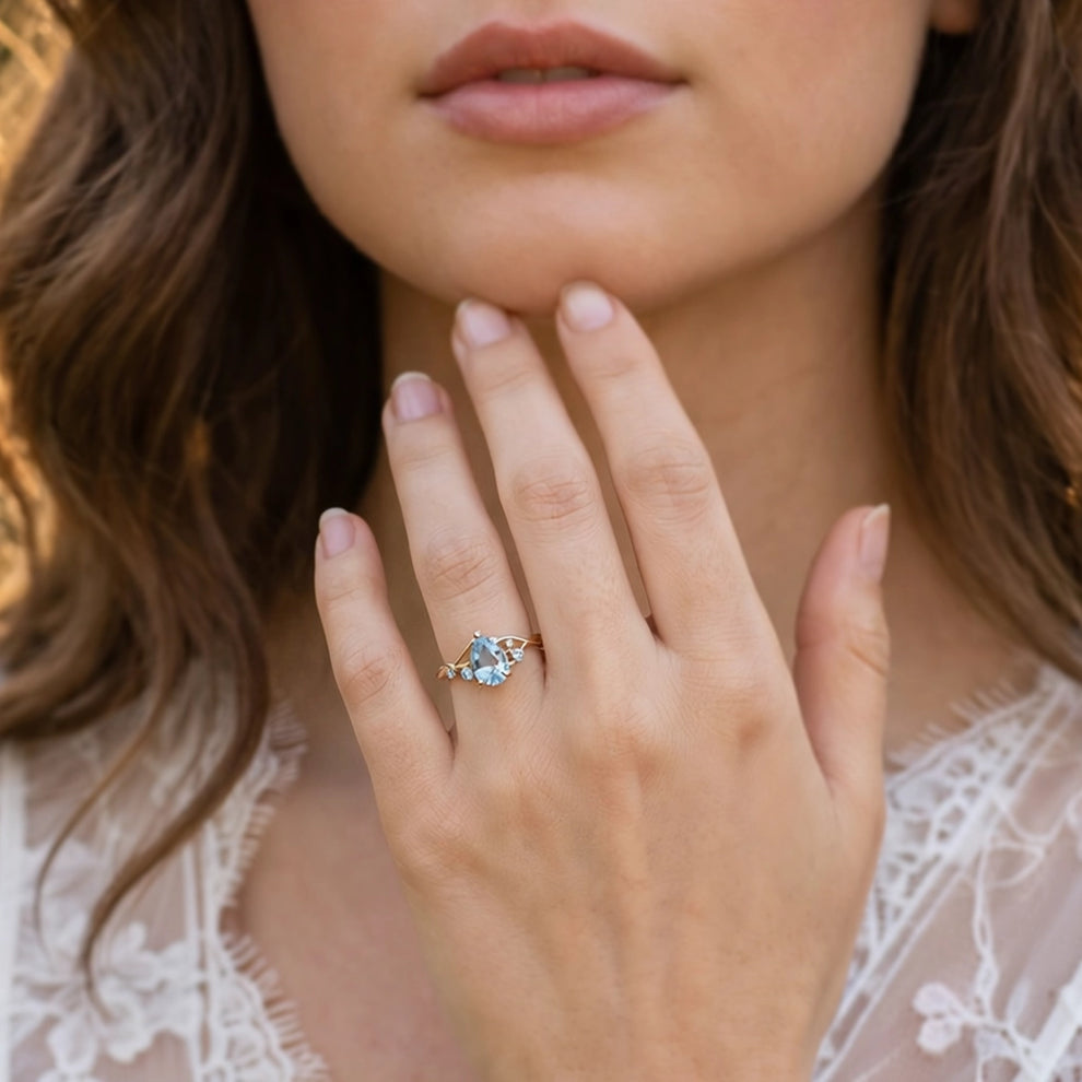Athena’s Serenity | Pear Cut Blue Aquamarine Engagement Ring.