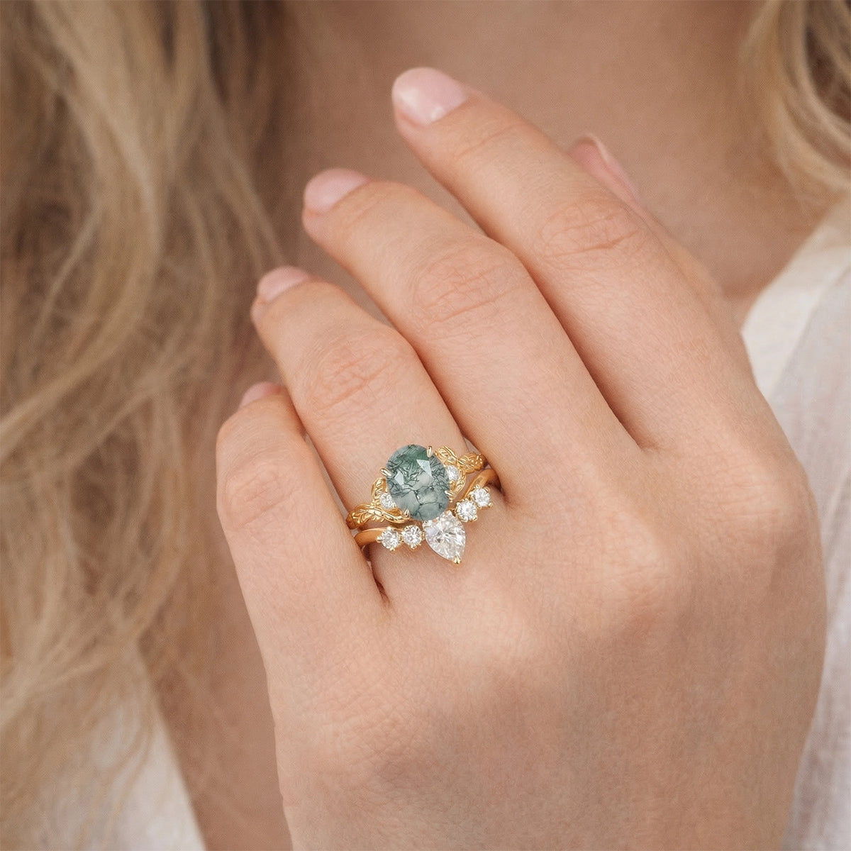 Aurelia’s Grove | Oval Moss Agate & Moissanite Leafy Ring Set 2pcs.