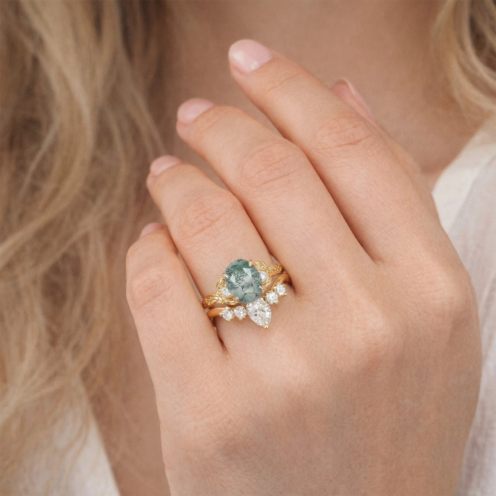 Aurelia’s Grove | Oval Moss Agate & Moissanite Leafy Ring Set 2pcs.