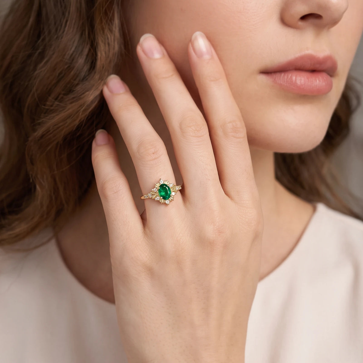 Alexandra’s Verdure | 1.5CT Vintage Oval Emerald Halo Engagement Ring