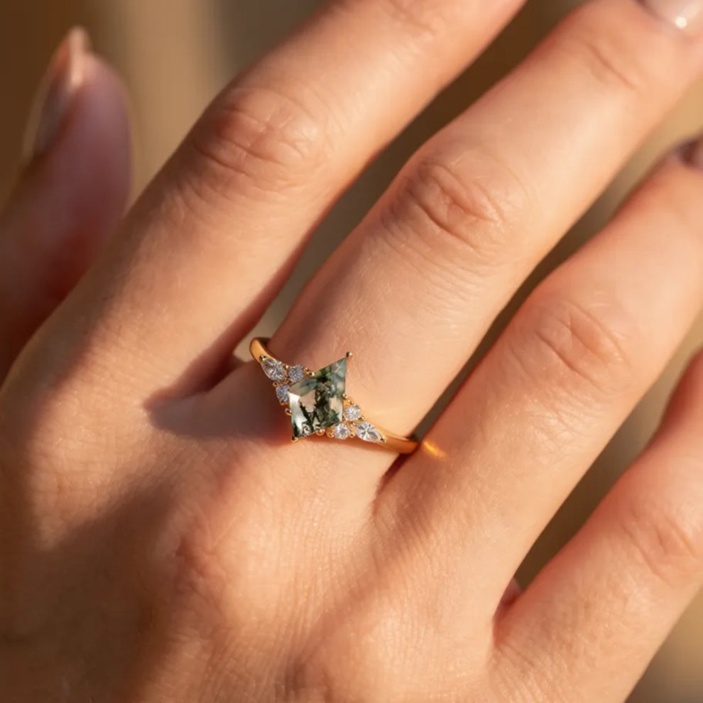 Unique Moss Agate Kite Cut Three Sides Stone Engagement Ring.