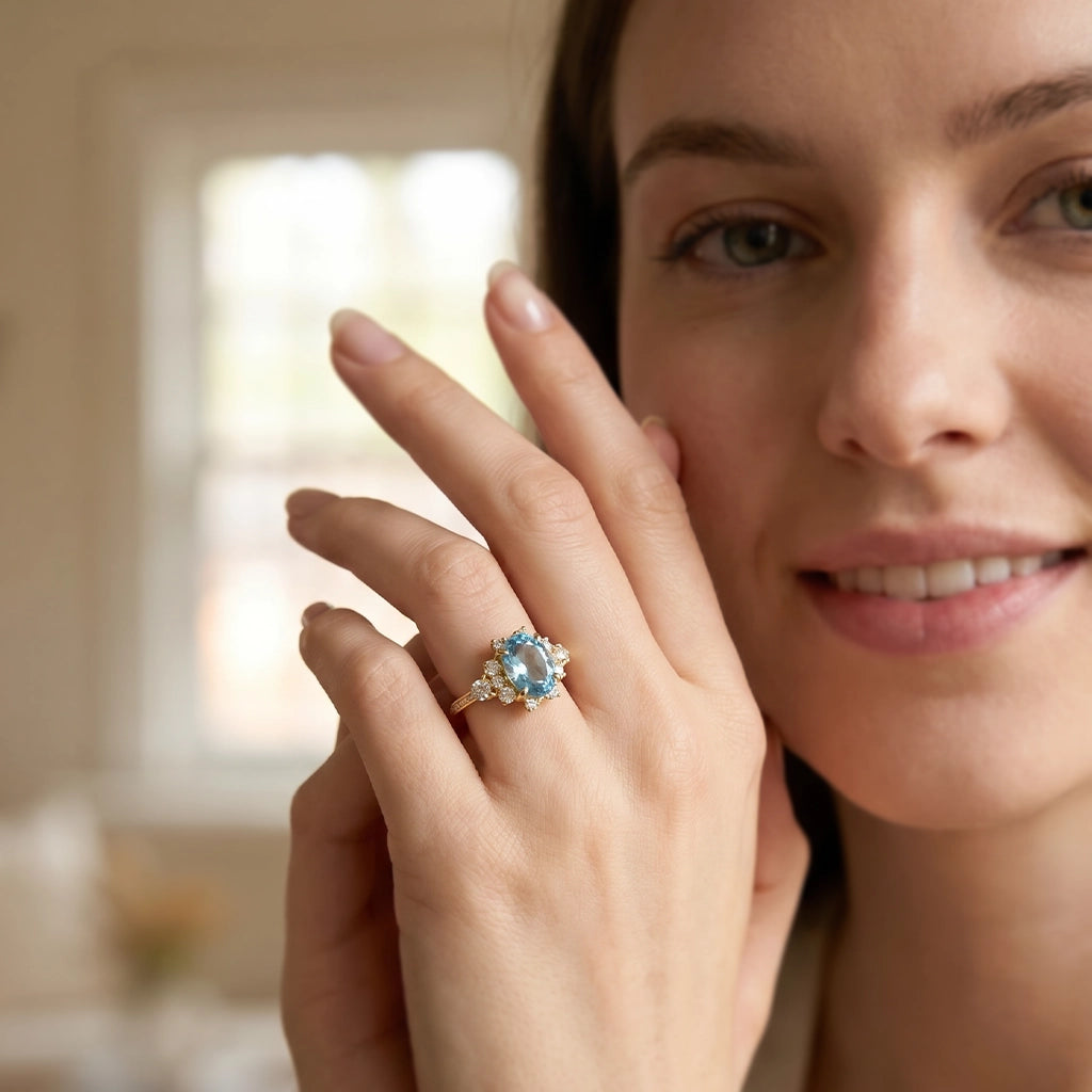 Aria‘s Bay | Oval Cut Blue Topaz Halo Engagement Ring.