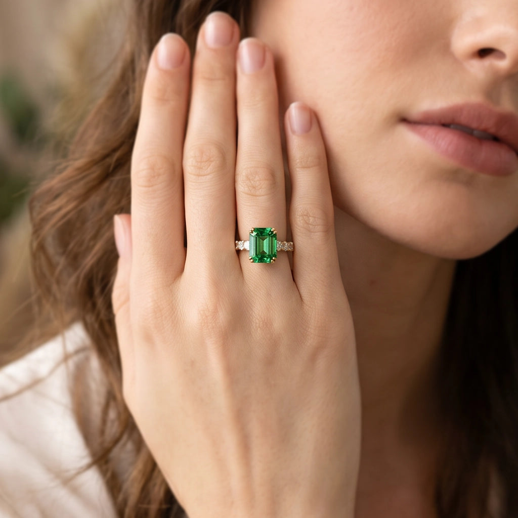 Elara’s Greenwood | 3CT Green Emerald Solitaire Engagement Ring