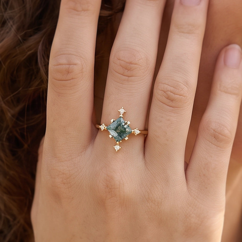 Sylvia’s Oath | Square Moss Agate Engagement Ring