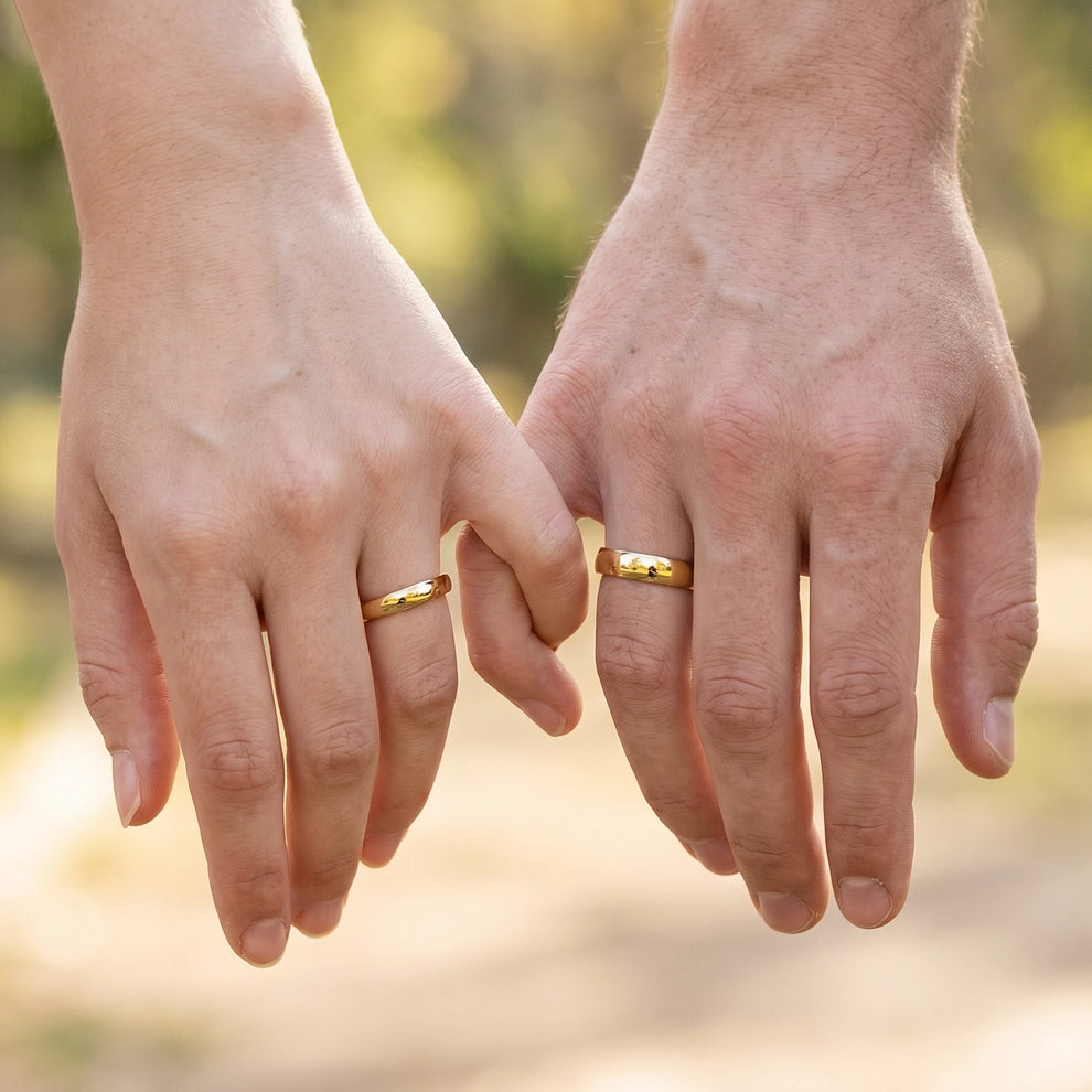 The Mirrored Pair – Polished Arc Wedding Bands in Solid Gold.