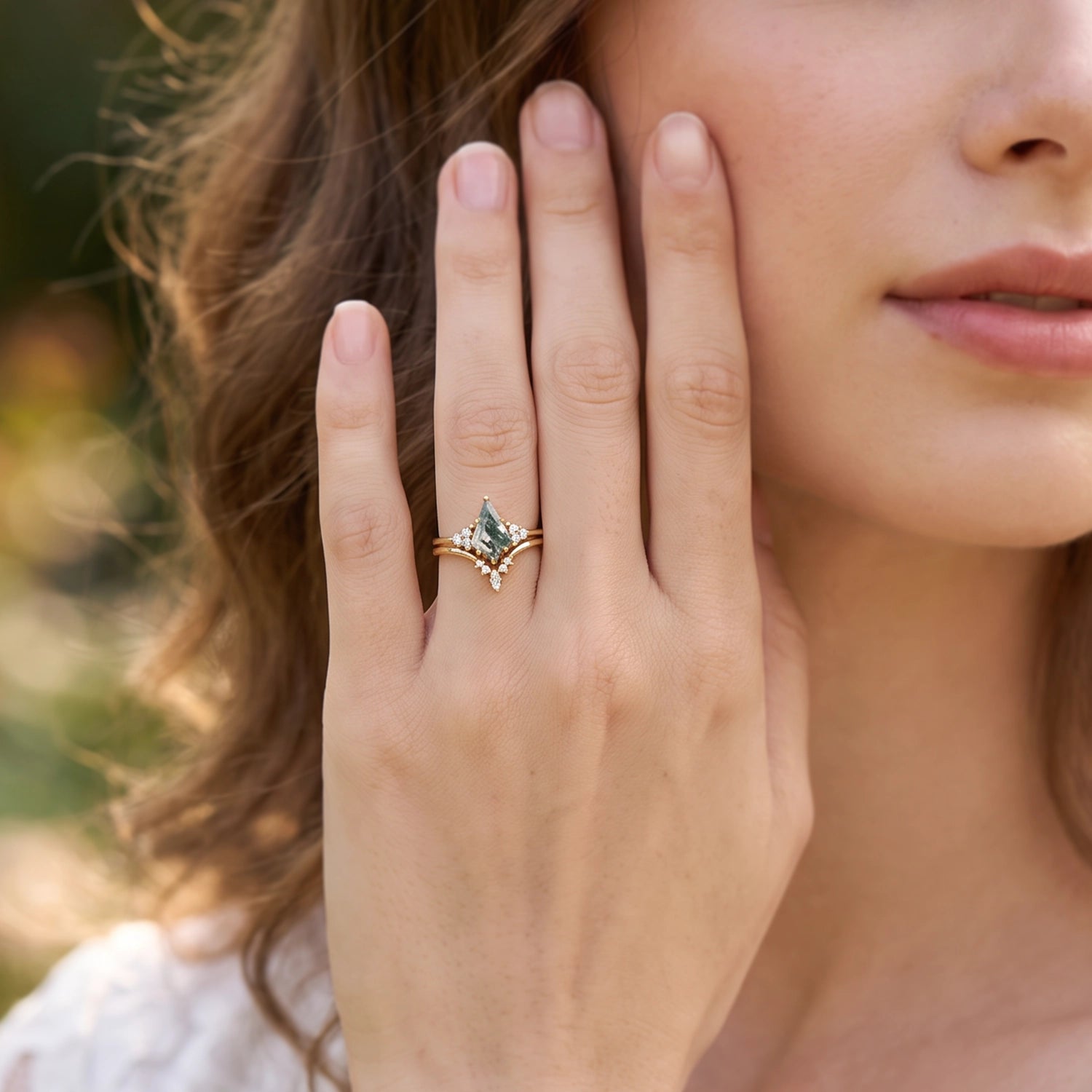 Cassandra’s Glade | Kite Cut Moss Agate & Chevron Bridal Duo