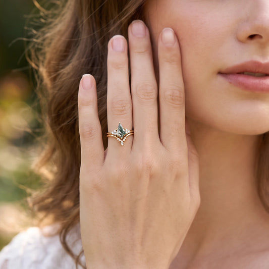 Cassandra’s Glade | Kite Cut Moss Agate & Chevron Bridal Duo