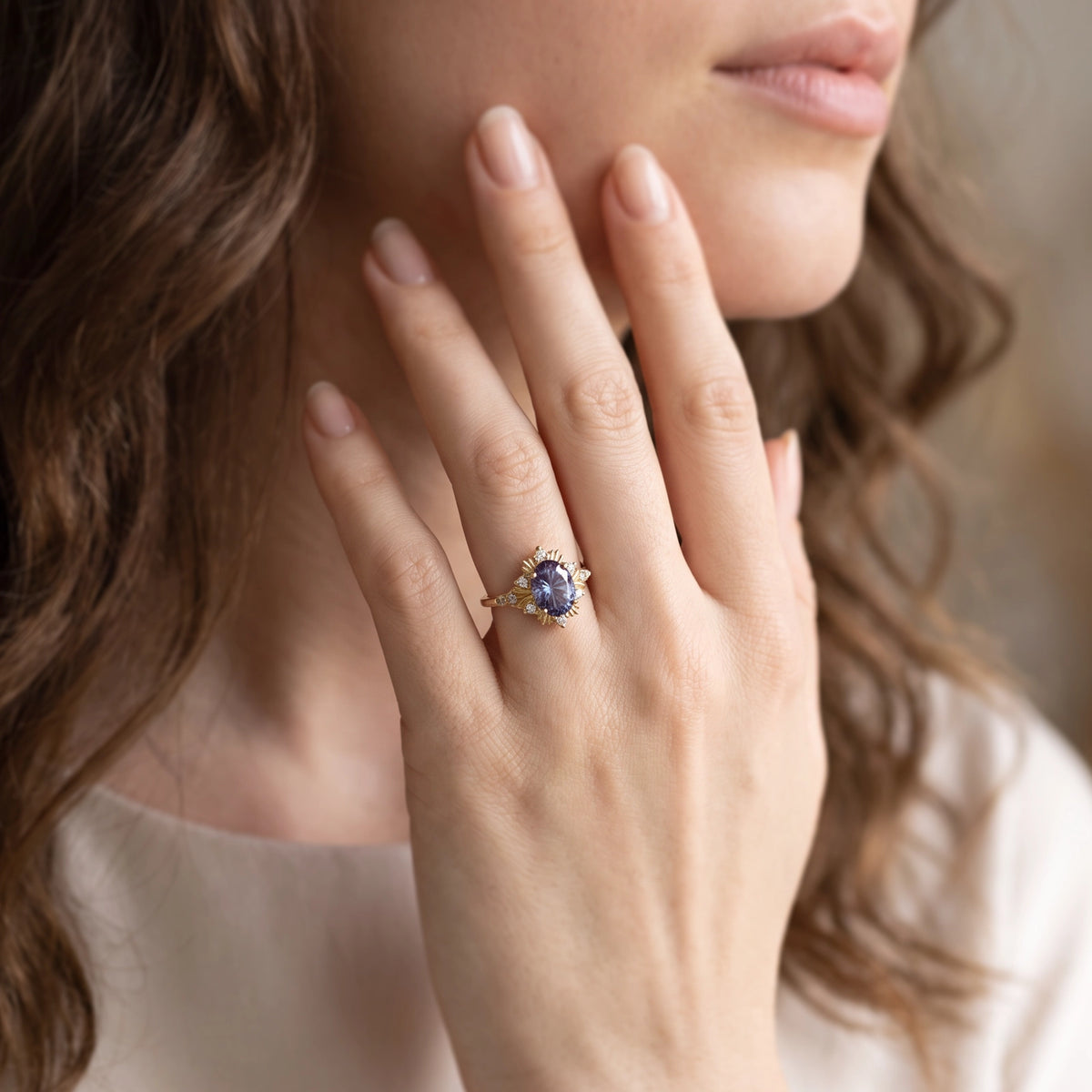 Rosalind’s Aurora | 1CT Fantasy-Cut Oval Alexandrite Halo Engagement Ring