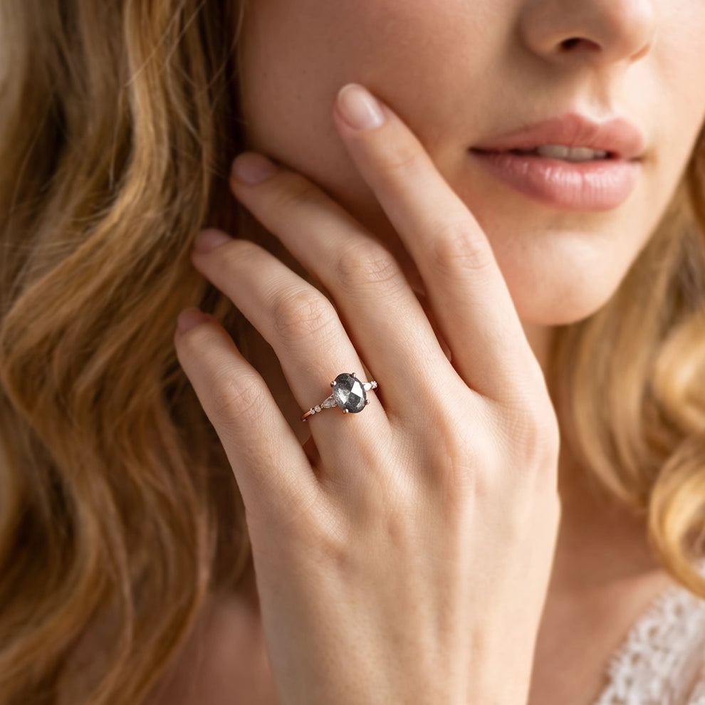 Isadora’s Guard | 1CT Vintage Oval Salt & Pepper Diamond Accented Engagement Ring