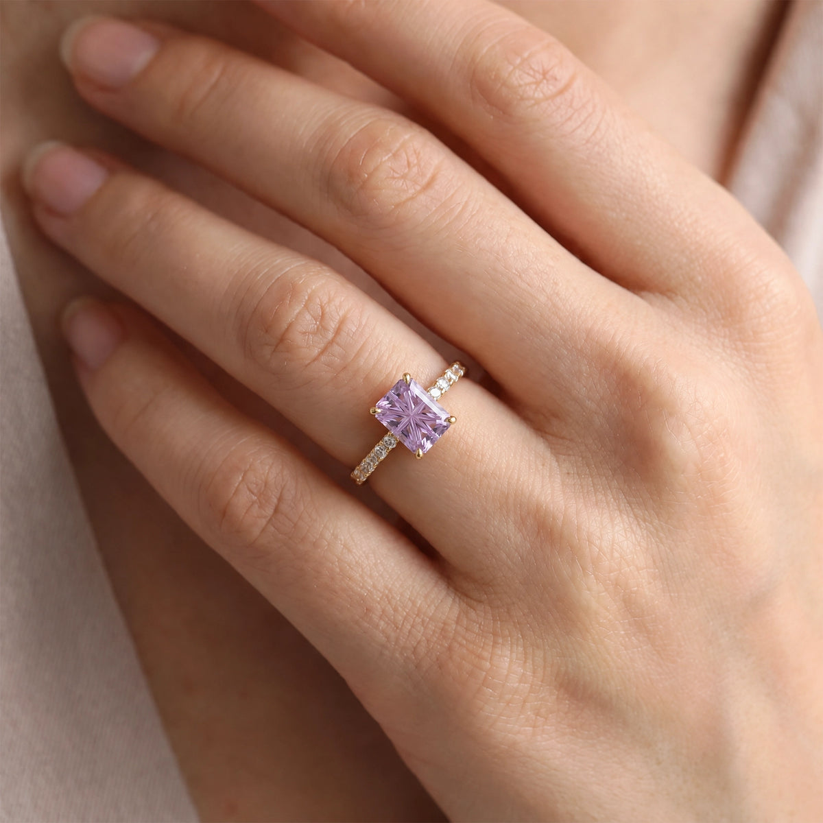 Joséphine’s Wisteria | 3CT Rectangular Fantasy-Cut Lavender Sapphire Solitaire Pavé Engagement Ring