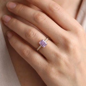 Joséphine’s Wisteria | 3CT Rectangular Fantasy-Cut Lavender Sapphire Solitaire Pavé Engagement Ring