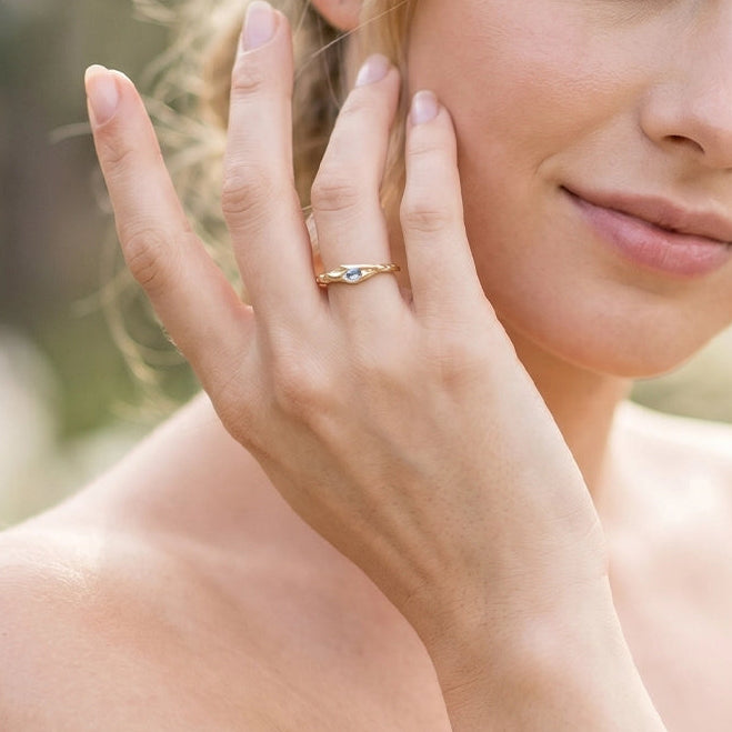 Iris’s Twig | Organic Aquamarine Dainty Ring with Branch Band.