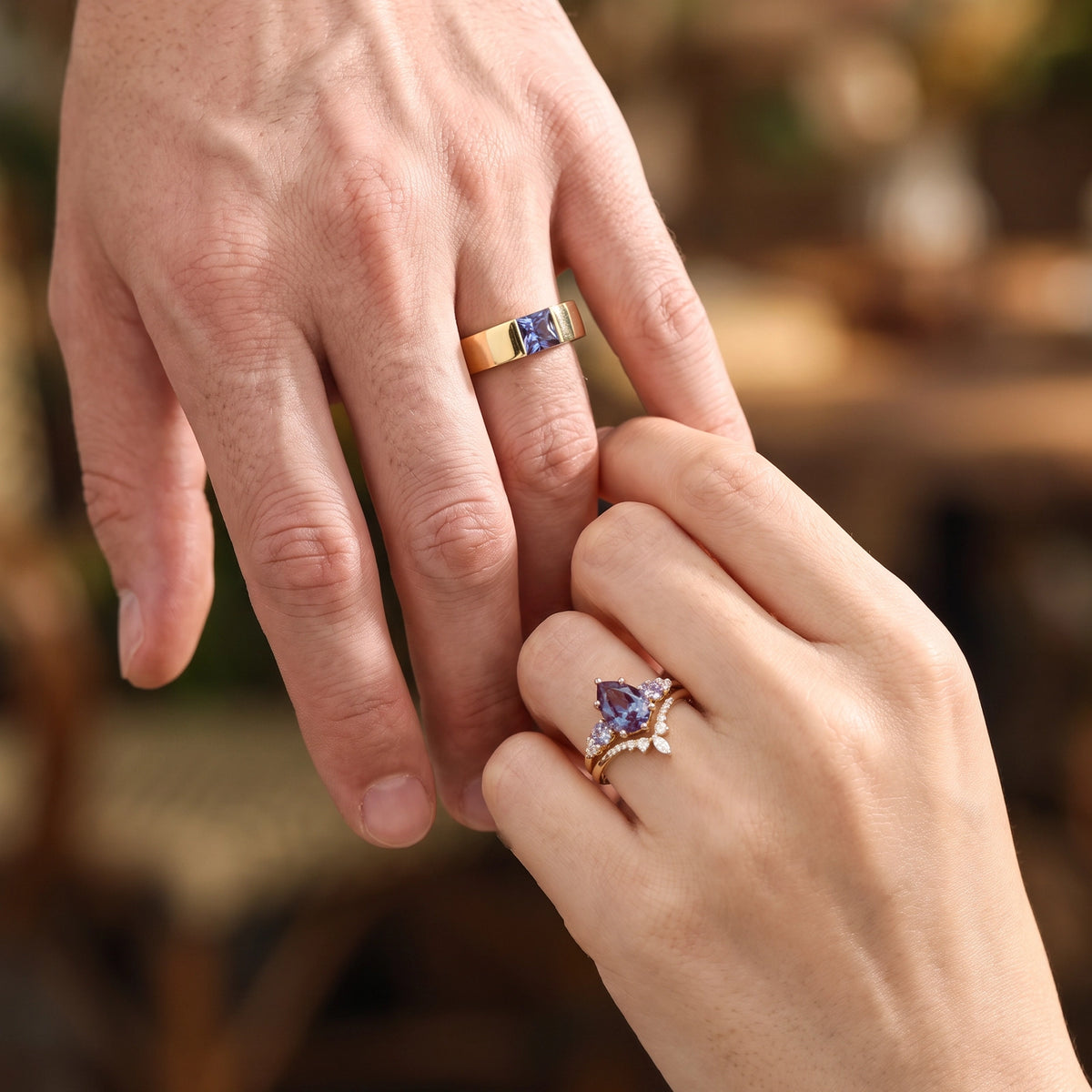 Sylvie’s Mirage | Alexandrite Pear Cluster & Princess Band Couple Set 3pcs