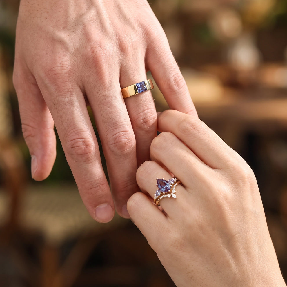Sylvie’s Mirage | Alexandrite Pear Cluster & Princess Band Couple Set 3pcs