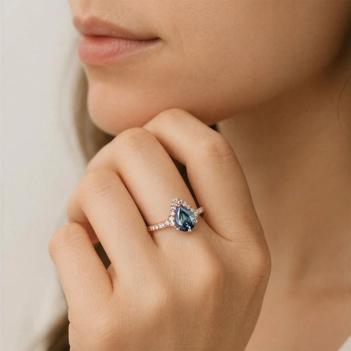 Aurora’s Teardrop | Pear Blue Sapphire Half-Halo Ring.