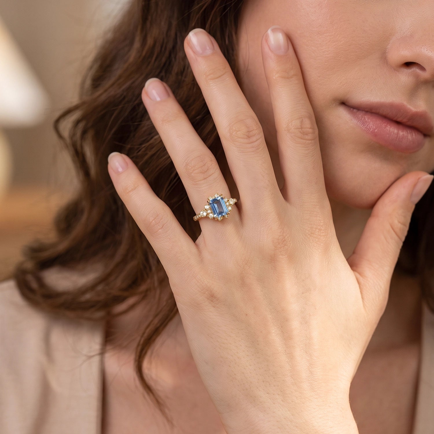 Rosalind‘s Coronet | Emerald Cut Sapphire Halo Engagement Ring