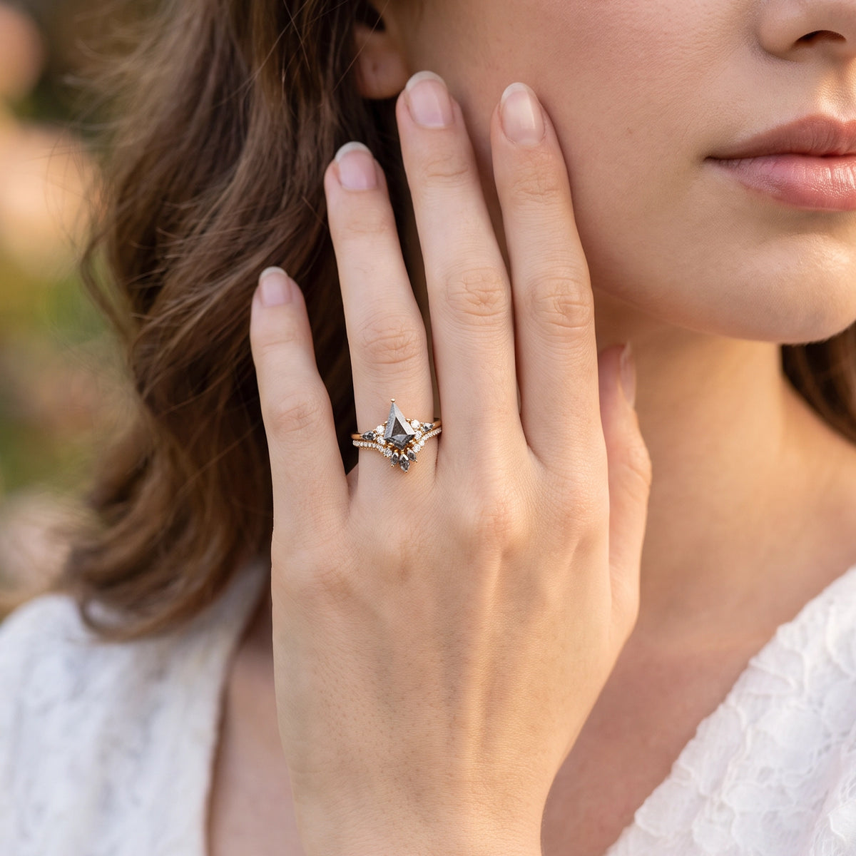 Astra’s Aureole | 1.5CT Kite Salt & Pepper Diamond Chevron Bridal Duo