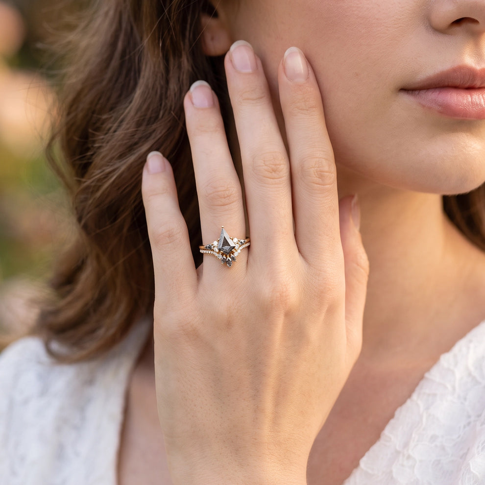 Astra’s Aureole | 1.5CT Kite Salt & Pepper Diamond Chevron Bridal Duo