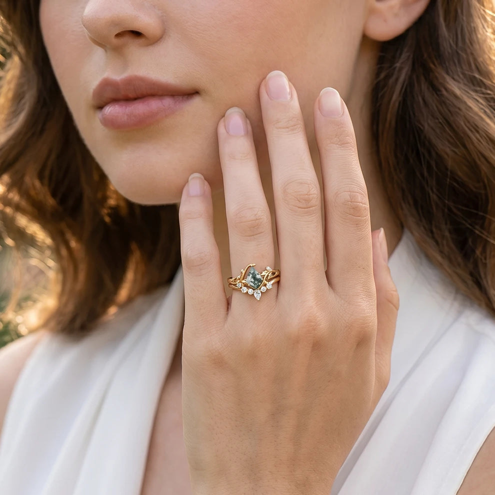 Kite Glade | Moss Agate Leafy Bridal Ring Set 2pcs