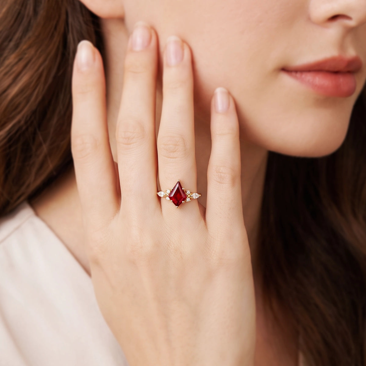 Aphrodite’s Pomegranate | Kite-Cut Ruby Foliage Engagement Ring