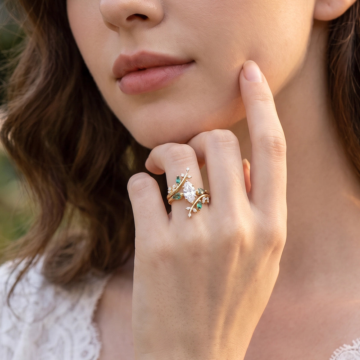 Seraphina’s Aviary | 1CT Marquise Diamond Foliage Bridal Duo