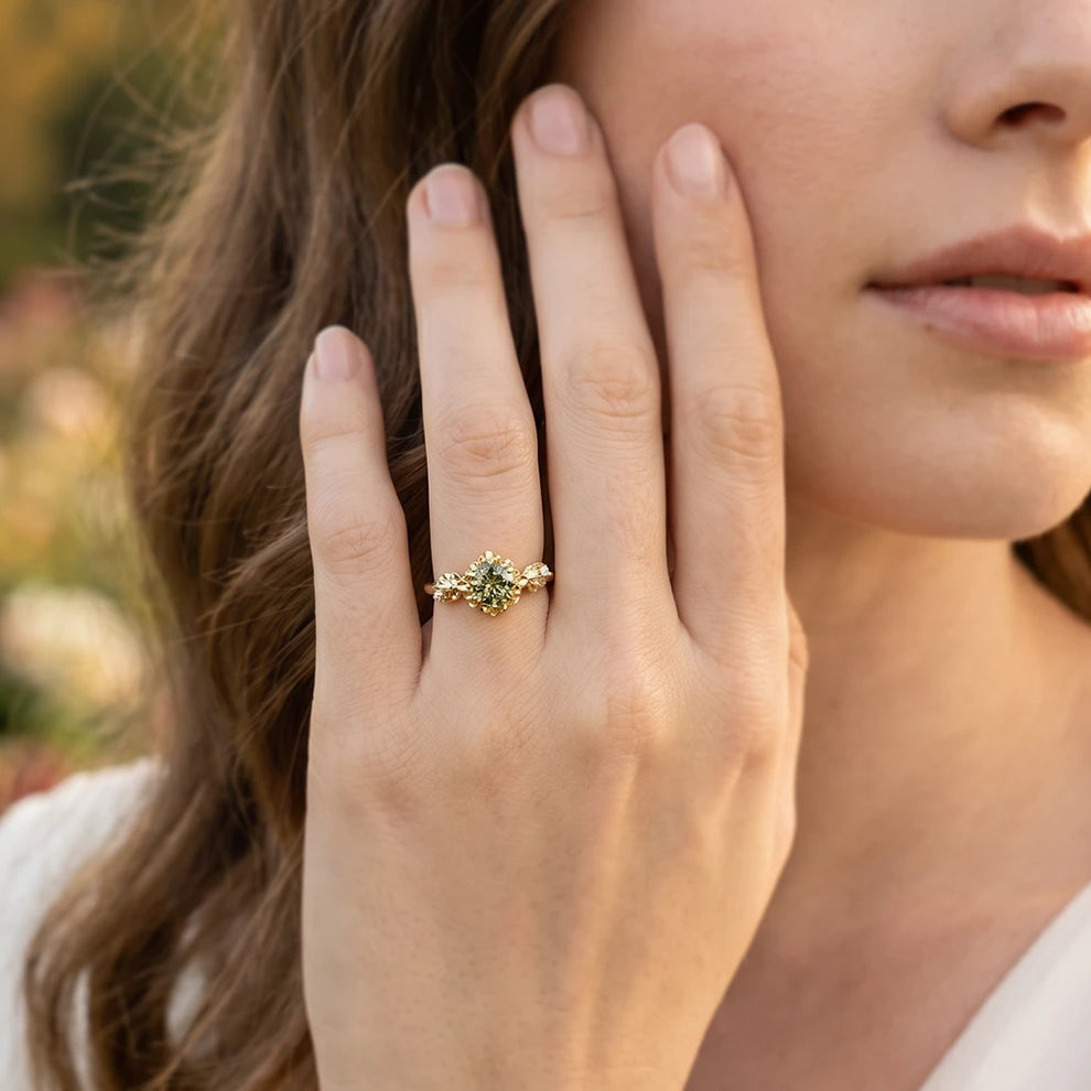 Sylvie’s Blossom | Round Green Sapphire Floral Engagement Ring