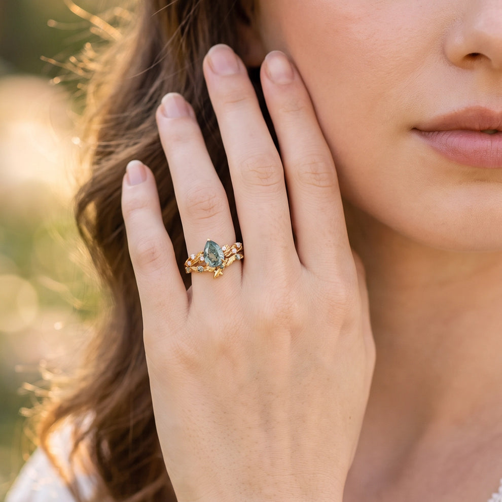 Clarissa’s Frond | Pear Cut Moss Agate Leafy Bridal Set 2pcs