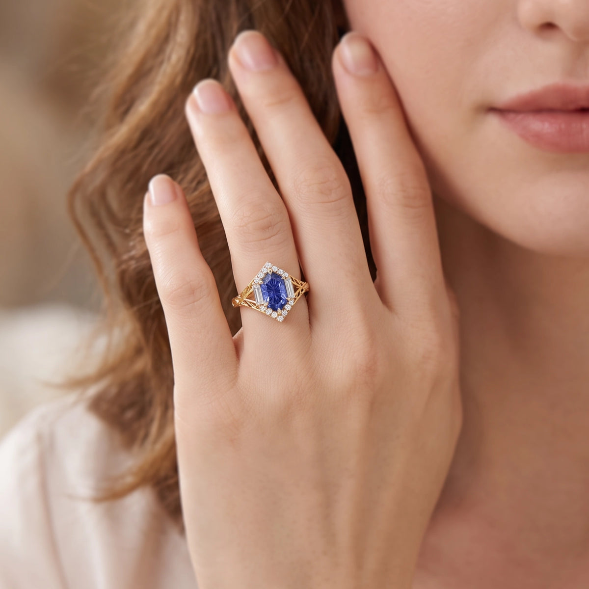 Ariadne’s Diadem | Hexagon Fantasy-Cut Cornflower Sapphire Ajouré Engagement Ring