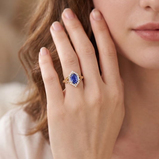 Ariadne’s Diadem | Hexagon Fantasy-Cut Cornflower Sapphire Ajouré Engagement Ring