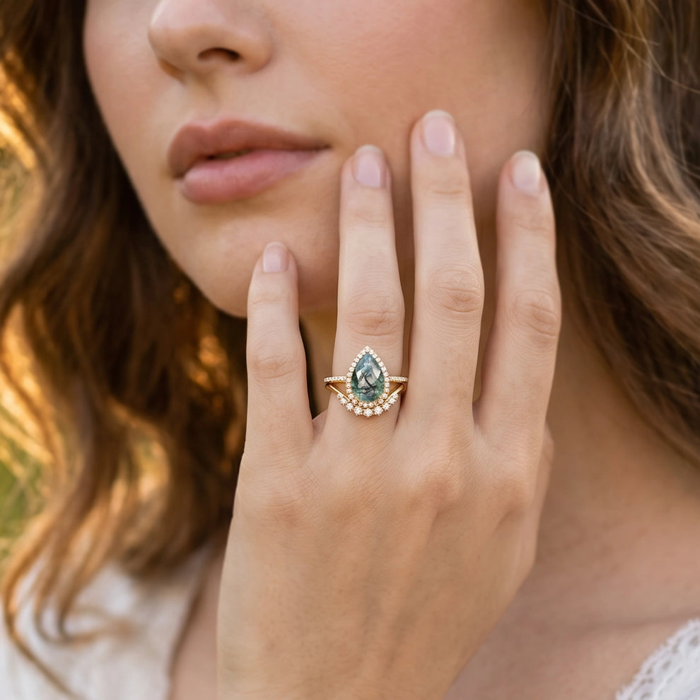 Genevieve’s Luminary | 4CT Pear Moss Agate & Pearl Halo Bridal Duo