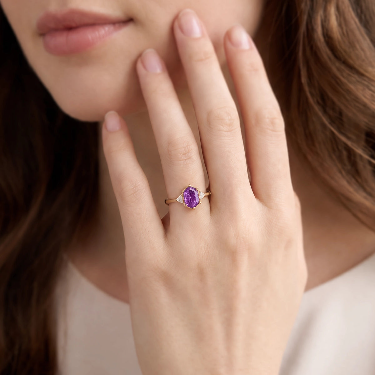 Theodora’s Twilight | Vintage Hexagon Fantasy-Cut Purple Sapphire Three-Stone Engagement Ring